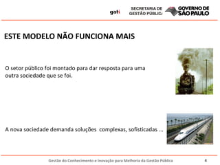 O setor público foi montado para dar resposta para uma outra sociedade que se foi. A nova sociedade demanda soluções  complexas, sofisticadas ... ESTE MODELO NÃO FUNCIONA MAIS 