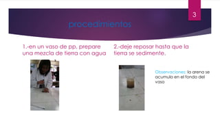 procedimientos 
1.-en un vaso de pp, prepare 
una mezcla de tierra con agua 
2.-deje reposar hasta que la 
tierra se sedimente. 
3 
Observaciones: la arena se 
acumulo en el fondo del 
vaso 
 