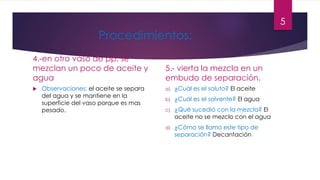 Procedimientos: 
4.-en otro vaso de pp, se 
mezclan un poco de aceite y 
agua 
 Observaciones: el aceite se separa 
del agua y se mantiene en la 
superficie del vaso porque es mas 
pesado. 
5.- vierta la mezcla en un 
embudo de separación. 
a) ¿Cuál es el soluto? El aceite 
b) ¿Cuál es el solvente? El agua 
c) ¿Qué sucedió con la mezcla? El 
aceite no se mezclo con el agua 
d) ¿Cómo se llamo este tipo de 
separación? Decantación 
5 
 