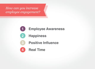 How can you increase
employee engagement?
1 Employee Awareness
2 Happiness
3
4 Real Time
 