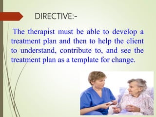 STRUCTURE
CBT is structure in two ways. First, the overall
therapy follow structure that approximates the
treatment plan. ...