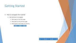 Getting Started
 How to navigate this tutorial
 Use buttons to navigate
 Next goes to the next page
 Back goes to the previous page
 Home goes to the table of contents
NEXTBACK HOME
 