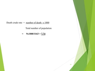 34
Death crude rate = number of death x 1000
Total number of population
= 9x1000/1163 = 7.74
 