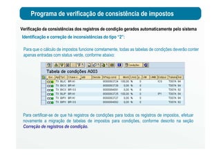 Programa de verificação de consistência de impostos
Verificação da consistências dos registros de condição gerados automaticamente pelo sistema
Identificação e correção de inconsistências do tipo “2”:
Para que o cálculo de impostos funcione corretamente, todas as tabelas de condições deverão conter
apenas entradas com status verde, conforme abaixo:
Para certificar-se de que há registros de condições para todos os registros de impostos, efetuar
novamente a migração de tabelas de impostos para condições, conforme descrito na seção
Correção de registros de condição.
 