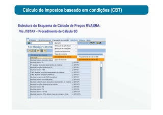 Cálculo de Impostos baseado em condições (CBT)
Via J1BTAX – Procedimento de Cálculo SD
Estrutura do Esquema de Cálculo de Preços RVABRA:
 