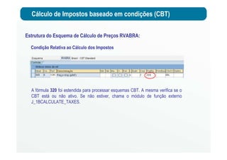Cálculo de Impostos baseado em condições (CBT)
Condição Relativa ao Cálculo dos Impostos
A fórmula 320 foi estendida para processar esquemas CBT. A mesma verifica se o
CBT está ou não ativo. Se não estiver, chama o módulo de função externo
J_1BCALCULATE_TAXES.
Estrutura do Esquema de Cálculo de Preços RVABRA:
 