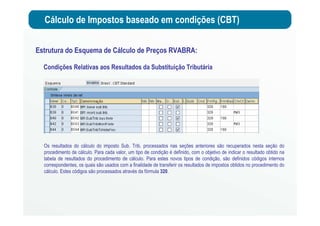 Cálculo de Impostos baseado em condições (CBT)
Estrutura do Esquema de Cálculo de Preços RVABRA:
Condições Relativas aos Resultados da Substituição Tributária
Os resultados do cálculo do imposto Sub. Trib. processados nas seções anteriores são recuperados nesta seção do
procedimento de cálculo. Para cada valor, um tipo de condição é definido, com o objetivo de indicar o resultado obtido na
tabela de resultados do procedimento de cálculo. Para estes novos tipos de condição, são definidos códigos internos
correspondentes, os quais são usados com a finalidade de transferir os resultados de impostos obtidos no procedimento do
cálculo. Estes códigos são processados através da fórmula 320.
 