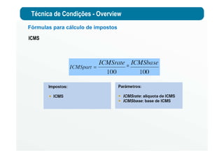 Técnica de Condições - Overview
Fórmulas para cálculo de impostos
ICMS
 