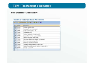 TMW – Tax Manager´s Workplace
Menu Entidades – Leis Fiscais IPI
 
