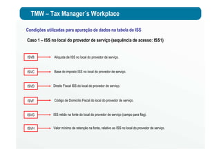 TMW – Tax Manager´s Workplace
Condições utilizadas para apuração de dados na tabela de ISS
Caso 1 – ISS no local do provedor de serviço (sequência de acesso: ISS1)
ISVF Código de Domicílio Fiscal do local do provedor de serviço.
ISVB Alíquota de ISS no local do provedor de serviço.
ISVC Base do imposto ISS no local do provedor de serviço.
ISVD Direito Fiscal ISS do local do provedor de serviço.
ISVG ISS retido na fonte do local do provedor de serviço (campo para flag).
ISVH Valor mínimo de retenção na fonte, relativo ao ISS no local do provedor de serviço.
 