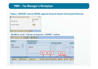 TMW – Tax Manager´s Workplace
Tabela J_1BTXCOF: taxa de COFINS, segundo Grupo de Imposto de Exceções Dinâmicas
BCO1 BCO2 BCOP
 
