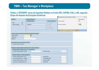 TMW – Tax Manager´s Workplace
Tabela J_1BTXWIHT: taxas de Impostos Retidos na Fonte (PIS, COFINS, CSLL e IR), segundo
Grupo de Imposto de Exceções Dinâmicas
 