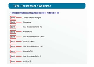 TMW – Tax Manager´s Workplace
Condições utilizadas para apuração de dados na tabela de IRF
BW12 Alíquota do PIS.
BW01 Chave de cobrança oficial geral.
BW02 Alíquota geral.
BW11 Chave de cobrança oficial do PIS.
BW21 Chave de cobrança oficial do COFINS.
BW22 Alíquota do COFINS.
BW32 Alíquota da CSLL.
BW31 Chave de cobrança oficial da CSLL.
BW41 Chave de cobrança oficial do IR.
BW42 Alíquota do IR.
 