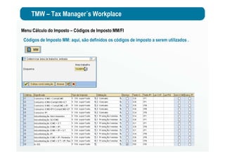 TMW – Tax Manager´s Workplace
Códigos de Imposto MM: aqui, são definidos os códigos de imposto a serem utilizados .
Menu Cálculo do Imposto – Códigos de Imposto MM/FI
 