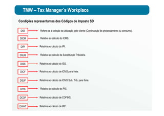 TMW – Tax Manager´s Workplace
Condições representantes dos Códigos de Imposto SD
DSUB Relativa ao cálculo da Substituição Tributária.
DISI Refere-se à seleção da utilização pelo cliente (Continuação do processamento ou consumo).
DICM Relativa ao cálculo do ICMS.
DIPI Relativa ao cálculo do IPI.
DISS Relativa ao cálculo do ISS.
DICF Relativa ao cálculo de ICMS para frete.
DPIS Relativa ao cálculo do PIS.
DSUF Relativa ao cálculo de ICMS Sub. Trib. para frete.
DCOF Relativa ao cálculo de COFINS.
DWHT Relativa ao cálculo de IRF.
 