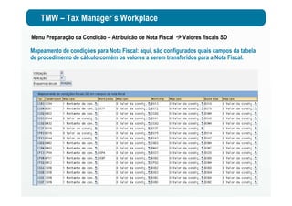 TMW – Tax Manager´s Workplace
Mapeamento de condições para Nota Fiscal: aqui, são configurados quais campos da tabela
de procedimento de cálculo contém os valores a serem transferidos para a Nota Fiscal.
Menu Preparação da Condição – Atribuição de Nota Fiscal Valores fiscais SD
 