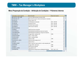 TMW – Tax Manager´s Workplace
Menu Preparação da Condição – Atribuição de Condições Números internos
 