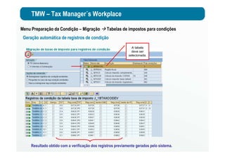 TMW – Tax Manager´s Workplace
Menu Preparação da Condição – Migração Tabelas de impostos para condições
Geração automática de registros de condição
Resultado obtido com a verificação dos registros previamente gerados pelo sistema.
A tabela
deve ser
selecionada.
 