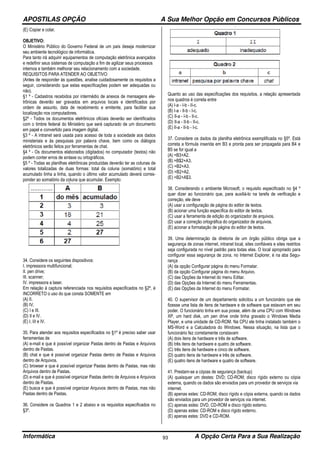 APOSTILAS OPÇÃO A Sua Melhor Opção em Concursos Públicos
Informática A Opção Certa Para a Sua Realização93
(E) Copiar e colar.
OBJETIVO:
O Ministério Público do Governo Federal de um país deseja modernizar
seu ambiente tecnológico de informática.
Para tanto irá adquirir equipamentos de computação eletrônica avançados
e redefinir seus sistemas de computação a fim de agilizar seus processos
internos e também melhorar seu relacionamento com a sociedade.
REQUISITOS PARA ATENDER AO OBJETIVO:
(Antes de responder às questões, analise cuidadosamente os requisitos a
seguir, considerando que estas especificações podem ser adequadas ou
não).
§1 º - Cadastros recebidos por intermédio de anexos de mensagens ele-
trônicas deverão ser gravados em arquivos locais e identificados por
ordem de assunto, data de recebimento e emitente, para facilitar sua
localização nos computadores.
§2º - Todos os documentos eletrônicos oficiais deverão ser identificados
com o timbre federal do Ministério que será capturado de um documento
em papel e convertido para imagem digital.
§3 º - A intranet será usada para acesso de toda a sociedade aos dados
ministeriais e às pesquisas por palavra chave, bem como os diálogos
eletrônicos serão feitos por ferramentas de chat.
§4 º - Os documentos elaborados (digitados) no computador (textos) não
podem conter erros de sintaxe ou ortográficos.
§5 º - Todas as planilhas eletrônicas produzidas deverão ter as colunas de
valores totalizadas de duas formas: total da coluna (somatório) e total
acumulado linha a linha, quando o último valor acumulado deverá corres-
ponder ao somatório da coluna que acumular. Exemplo:
34. Considere os seguintes dispositivos:
I. impressora multifuncional;
II. pen drive;
III. scanner;
IV. impressora a laser.
Em relação à captura referenciada nos requisitos especificados no §2º, é
INCORRETO o uso do que consta SOMENTE em
(A) II.
(B) IV.
(C) I e III.
(D) II e IV.
(E) I, III e IV.
35. Para atender aos requisitos especificados no §1º é preciso saber usar
ferramentas de
(A) e-mail e que é possível organizar Pastas dentro de Pastas e Arquivos
dentro de Pastas.
(B) chat e que é possível organizar Pastas dentro de Pastas e Arquivos
dentro de Arquivos.
(C) browser e que é possível organizar Pastas dentro de Pastas, mas não
Arquivos dentro de Pastas.
(D) e-mail e que é possível organizar Pastas dentro de Arquivos e Arquivos
dentro de Pastas.
(E) busca e que é possível organizar Arquivos dentro de Pastas, mas não
Pastas dentro de Pastas.
36. Considere os Quadros 1 e 2 abaixo e os requisitos especificados no
§3º.
Quanto ao uso das especificações dos requisitos, a relação apresentada
nos quadros é correta entre
(A) I-a - I-b - II-c.
(B) I-a - II-b - I-c.
(C) II-a - I-b - II-c.
(D) II-a - II-b - II-c.
(E) II-a - II-b - I-c.
37. Considere os dados da planilha eletrônica exemplificada no §5º. Está
correta a fórmula inserida em B3 e pronta para ser propagada para B4 e
B5 se for igual a
(A) =B3+A2.
(B) =B$2+A3.
(C) =B2+A3.
(D) =B2+A2.
(E) =B2+A$3.
38. Considerando o ambiente Microsoft, o requisito especificado no §4 º
quer dizer ao funcionário que, para auxiliá-lo na tarefa de verificação e
correção, ele deve
(A) usar a configuração de página do editor de textos.
(B) acionar uma função específica do editor de textos.
(C) usar a ferramenta de edição do organizador de arquivos.
(D) usar a correção ortográfica do organizador de arquivos.
(E) acionar a formatação de página do editor de textos.
39. Uma determinação da diretoria de um órgão público obriga que a
segurança de zonas internet, intranet local, sites confiáveis e sites restritos
seja configurada no nível padrão para todas elas. O local apropriado para
configurar essa segurança de zona, no Internet Explorer, é na aba Segu-
rança
(A) da opção Configurar página do menu Formatar.
(B) da opção Configurar página do menu Arquivo.
(C) das Opções da Internet do menu Editar.
(D) das Opções da Internet do menu Ferramentas.
(E) das Opções da Internet do menu Formatar.
40. O supervisor de um departamento solicitou a um funcionário que ele
fizesse uma lista de itens de hardware e de software que estavam em seu
poder. O funcionário tinha em sua posse, além de uma CPU com Windows
XP, um hard disk, um pen drive onde tinha gravado o Windows Media
Player, e uma unidade de CD-ROM. Na CPU ele tinha instalado também o
MS-Word e a Calculadora do Windows. Nessa situação, na lista que o
funcionário fez corretamente constavam
(A) dois itens de hardware e três de software.
(B) três itens de hardware e quatro de software.
(C) três itens de hardware e cinco de software.
(D) quatro itens de hardware e três de software.
(E) quatro itens de hardware e quatro de software.
41. Prestam-se a cópias de segurança (backup)
(A) quaisquer um destes: DVD; CD-ROM; disco rígido externo ou cópia
externa, quando os dados são enviados para um provedor de serviços via
internet.
(B) apenas estes: CD-ROM; disco rígido e cópia externa, quando os dados
são enviados para um provedor de serviços via internet.
(C) apenas estes: DVD, CD-ROM e disco rígido externo.
(D) apenas estes: CD-ROM e disco rígido externo.
(E) apenas estes: DVD e CD-ROM.
 