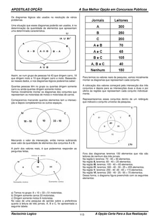 APOSTILAS OPÇÃO A Sua Melhor Opção em Concursos Públicos
Raciocínio Logico A Opção Certa Para a Sua Realização113
Os diagramas lógicos são usados na resolução de vários
problemas.
Uma situação que esses diagramas poderão ser usados, é na
determinação da quantidade de elementos que apresentam
uma determinada característica.
Assim, se num grupo de pessoas há 43 que dirigem carro, 18
que dirigem moto e 10 que dirigem carro e moto. Baseando-
se nesses dados, e nos diagramas lógicos poderemos saber:
Quantas pessoas têm no grupo ou quantas dirigem somente
carro ou ainda quantas dirigem somente motos.
Vamos inicialmente montar os diagramas dos conjuntos que
representam os motoristas de motos e motoristas de carros.
Começaremos marcando quantos elementos tem a intersec-
ção e depois completaremos os outros espaços.
Marcando o valor da intersecção, então iremos subtraindo
esse valor da quantidade de elementos dos conjuntos A e B.
A partir dos valores reais, é que poderemos responder as
perguntas feitas.
a) Temos no grupo: 8 + 10 + 33 = 51 motoristas.
b) Dirigem somente carros 33 motoristas.
c) Dirigem somente motos 8 motoristas.
No caso de uma pesquisa de opinião sobre a preferência
quanto à leitura de três jornais. A, B e C, foi apresentada a
seguinte tabela:
Para termos os valores reais da pesquisa, vamos inicialmente
montar os diagramas que representam cada conjunto.
A colocação dos valores começará pela intersecção dos três
conjuntos e depois para as intersecções duas a duas e por
último às regiões que representam cada conjunto individual-
mente.
Representaremos esses conjuntos dentro de um retângulo
que indicará o conjunto universo da pesquisa.
Fora dos diagramas teremos 150 elementos que não são
leitores de nenhum dos três jornais.
Na região I, teremos: 70 - 40 = 30 elementos.
Na região II, teremos: 65 - 40 = 25 elementos.
Na região III, teremos: 105 - 40 = 65 elementos.
Na região IV, teremos: 300 - 40 - 30 - 25 = 205 elementos.
Na região V, teremos: 250 - 40 -30 - 65 = 115 elementos.
Na região VI, teremos: 200 - 40 - 25 - 65 = 70 elementos.
Dessa forma, o diagrama figura preenchido com os seguintes
elementos:
 