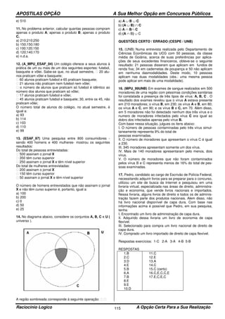 APOSTILAS OPÇÃO A Sua Melhor Opção em Concursos Públicos
Raciocínio Logico A Opção Certa Para a Sua Realização115
e) 510
11. No problema anterior, calcular quantas pessoas compram
apenas o produto A; apenas o produto B; apenas o produto
C.
a) 210;210;250
b) 150;150;180
c) 100;120;150
d) 120;140;170
e) n.d.a.
12. (A_MPU_ESAF_04) Um colégio oferece a seus alunos à
prática de um ou mais de um dos seguintes esportes: futebol,
basquete e vôlei. Sabe-se que, no atual semestre, 20 alu-
nos praticam vôlei e basquete;
60 alunos praticam futebol e 65 praticam basquete;
21 alunos não praticam nem futebol nem vôlei;
o número de alunos que praticam só futebol é idêntico ao
número dos alunos que praticam só vôlei;
17 alunos praticam futebol e vôlei;
45 alunos praticam futebol e basquete; 30, entre os 45, não
praticam vôlei;
O número total de alunos do colégio, no atual semestre, é
igual a:
a) 93
b) 114
c) 103
d) 110
e) 99
13. (ESAF_97) Uma pesquisa entre 800 consumidores -
sendo 400 homens e 400 mulheres- mostrou os seguintes
resultados:
Do total de pessoas entrevistadas:
500 assinam o jornal X
350 têm curso superior
250 assinam o jornal X e têm nível superior
Do total de mulheres entrevistadas:
200 assinam o jornal X
150 têm curso superior
50 assinam o jornal X e têm nível superior
O número de homens entrevistados que não assinam o jornal
X e não têm curso superior é, portanto, igual a:
a) 100
b) 200
c) 0
d) 50
e) 25
14. No diagrama abaixo, considere os conjuntos A, B, C e U (
universo ).
A região sombreada corresponde à seguinte operação:  
a) A ∪ B ∪ C
b) (A ∪ B) ∩ C
c) A ∩ B∩ C
d) (A ∩ B) ∪ C
QUESTÕES CERTO / ERRADO (CESPE / UNB)
15. (UNB) Numa entrevista realizada pelo Departamento de
Ciências Econômicas da UCG com 50 pessoas, da classe
média de Goiânia, acerca de suas preferências por aplica-
ções de seus excedentes financeiros, obteve-se o seguinte
resultado: 21 pessoas disseram que aplicam em fundos de
renda fixa; 34 em cadernetas de poupança e 50 não aplicam
em nenhuma dasmodalidades. Deste modo, 10 pessoas
aplicam nas duas modalidades (obs.: uma mesma pessoa
pode aplicar em mais de uma modalidade).
16. (MPU_99UNB) Em exames de sangue realizados em 500
moradores de uma região com péssimas condições sanitárias
foi constatada a presença de três tipos de vírus: A, B, C . O
resultado dos exames revelou que o vírus A estava presente
em 210 moradores; o vírus B, em 230; os vírus A e B, em 80;
os vírus A e C, em 90; e os vírus B e C, em 70. Além disso,
em 5 moradores não foi detectado nenhum dos três vírus e o
numero de moradores infectados pelo vírus C era igual ao
dobro dos infectados apenas pelo vírus B.
Com base nessa situação, julgues os itens abaixo:
I. O número de pessoas contaminadas pelo três vírus simul-
taneamente representa 9% do total de
pessoas examinadas.
II. O número de moradores que apresentam o vírus C é igual
a 230.
III. 345 moradores apresentam somente um dos vírus.
IV. Mais de 140 moradores apresentaram pelo menos, dois
vírus.
V. O número de moradores que não foram contaminados
pelos vírus B e C representa menos de 16% do total de pes-
soas examinadas.
17. Pedro, candidato ao cargo de Escrivão de Polícia Federal,
necessitando adquirir livros para se preparar para o concurso,
utilizou um site de busca da Internet e pesquisou em uma
livraria virtual, especializada nas áreas de direito, administra-
ção e economia, que vende livros nacionais e importados.
Nessa livraria, alguns livros de direito e todos os de adminis-
tração fazem parte dos produtos nacionais. Alem disso, não
há livro nacional disponível de capa dura. Com base nas
informações acima é possível que Pedro, em sua pesquisa,
tenha:
I. Encontrado um livro de administração de capa dura.
II. Adquirido dessa livraria um livro de economia de capa
flexível.
III. Selecionado para compra um livro nacional de direito de
capa dura.
IV. Comprado um livro importado de direito de capa flexível.
Respostas exercícios: 1-C 2-A 3-A 4-B 5-B
RESPOSTAS
1.B
2.C
3.D
4.E
5.B
6.A
7.B
8.E
9.E
10.D
11.C
12.E
13.A
14.C
15.C (certo)
16.C,E,C,C,E
17.E,C,E,C
 