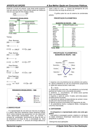 APOSTILAS OPÇÃO A Sua Melhor Opção em Concursos Públicos
Raciocínio Logico A Opção Certa Para a Sua Realização47
divide-se o círculo em setores, cujas áreas serão proporcio-
nais aos valores da série. Essa divisão poderá ser obtida por
meio de uma regra de três simples e direta.
Total ___________ 360º
Parte___________ x º
REBANHOS BRASILEIROS
1988
ES-
PÉCIE
QUANTIDADE
(milhões de cabeças)
BOVINOS 140
Suínos 32
Ovinos 20
Caprinos 11
Total 203
Fonte: IBGE
Temos:
Para Bovinos:
203 -------------360º
140 ------------- x
x = 248,2º x = 248º
Para Suínos:
203 ------------360º
32 ----------- y
y = 56,7º y = 57º
Para Ovinos:
203 -----------360º
20 ---------- z
z = 35,4º z = 35º
Para Caprinos:
203 ----------360º
11 ---------- w
w = 19,5º w = 20º
REBANHOS BRASILEIROS - 1988
16%
10%
5%
69%
Bovinos
Suínos
Ovinos
Caprinos
5. GRÁFICO POLAR
É a representação de uma série por meio de um polígono.
É o gráfico ideal para representar séries temporais cíclicas,
isto é, séries temporais que apresentam em seu desenvolvi-
mento determinada periodicidade, como, por exemplo, a
variação da precipitação pluviométrica ao longo do ano ou
da temperatura ao longo do dia, a arrecadação da Zona
Azul durante a semana, o consumo de energia elétrica du-
rante o mês ou o ano, o número de passageiros de uma
linha de ônibus ao longo da semana, etc.
O gráfico polar faz uso do sistema de coordenadas
polares.
PRECIPITAÇÃO PLUVIOMÉTRICA
MUNICÍPIO DE RECIFE – 1989
ME-
SES
PRECIPITAÇÃO (mm)
Janeiro 174,8
Fevereiro 36,9
Março 83,9
Abril 462,7
Maio 418,1
Junho 418,4
Julho 538,7
Agosto 323,8
Setembro 39,7
Outubro 66,1
Novembro 83,3
Dezembro 201,2
Fonte: IBGE
PRECIPITAÇÃO PLUVIOMÉTRICA
MUNICÍPIO DE RECIFE - 1989
0
200
400
600
Janeiro
Fevereiro
Março
Abril
Maio
Junho
Julho
Agosto
Setembro
Outubro
Novembro
Dezembro
1. traçamos uma circunferência de raio arbitrário (em particu-
lar, damos preferência ao raio de comprimento proporcional
à média dos valores da série; neste caso,
x = 124,5);
2. construímos uma semi-reta ( de preferência na horizontal)
partindo de O (pólo) e com uma escala (eixo polar);
3. dividimos a circunferência em tantos arcos quantas
forem as unidades temporais;
4. traçamos, a partir do centro O (pólo), semi-retas passan-
do pelos pontos de divisão;
5. marcamos os valores correspondentes da variável, inician-
do pela semi-reta horizontal (eixo polar);
6. ligamos os pontos encontrados com segmentos de reta;
7. se pretendemos fechar a poligonal obtida, empregamos
uma linha interrompida.
6. CARTOGRAMA
O cartograma é a representação sobre uma carta geo-
gráfica.
Este gráfico é empregado quando o objetivo é o de figurar
os dados estatísticos diretamente relacionados com áreas
geográficas ou políticas.
Distinguimos duas aplicações:
 