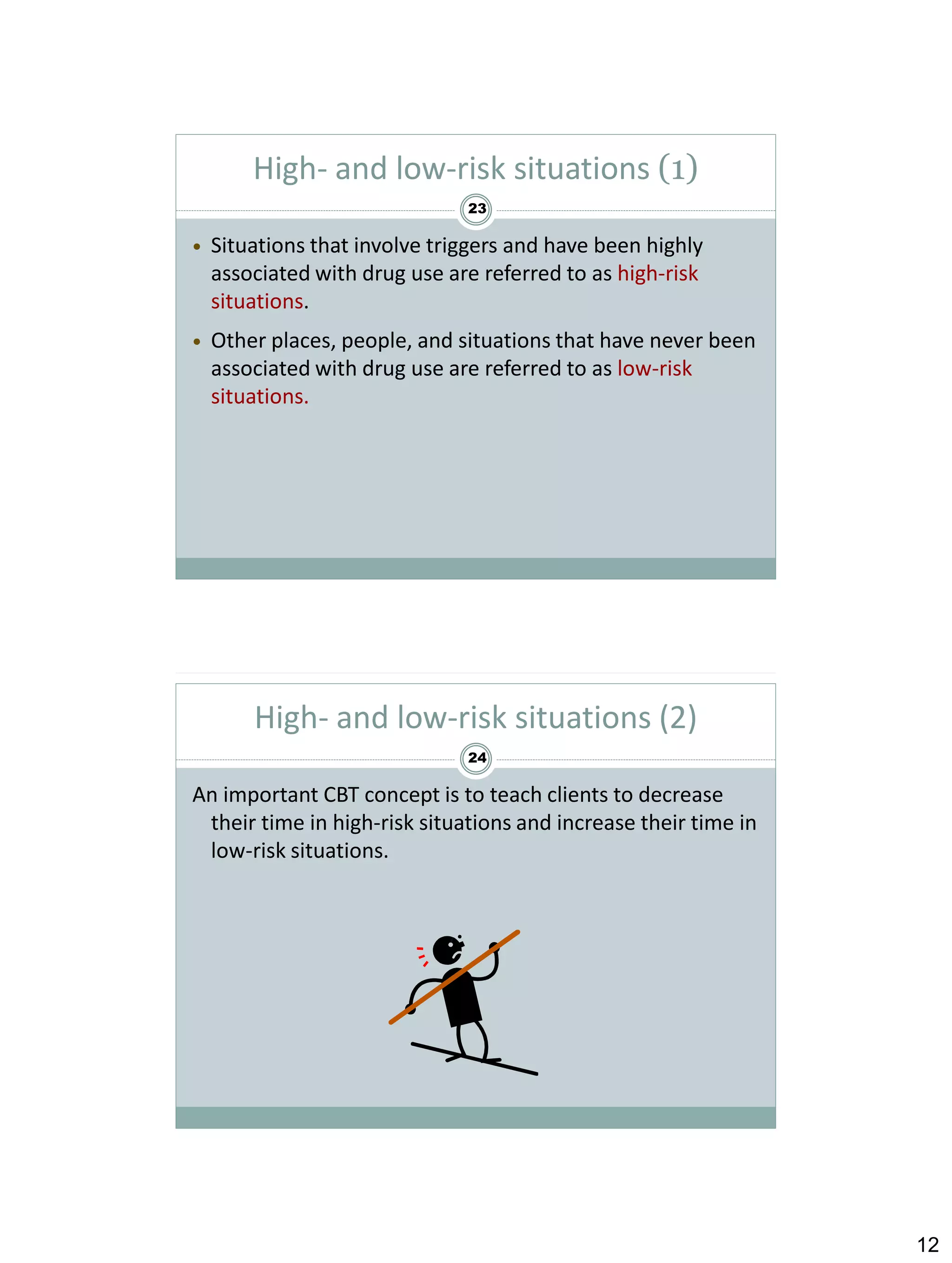 High- and low-risk situations (1)
23



Situations that involve triggers and have been highly
associated with drug use are referred to as high-risk
situations.



Other places, people, and situations that have never been
associated with drug use are referred to as low-risk
situations.

High- and low-risk situations (2)
24

An important CBT concept is to teach clients to decrease
their time in high-risk situations and increase their time in
low-risk situations.

12

 