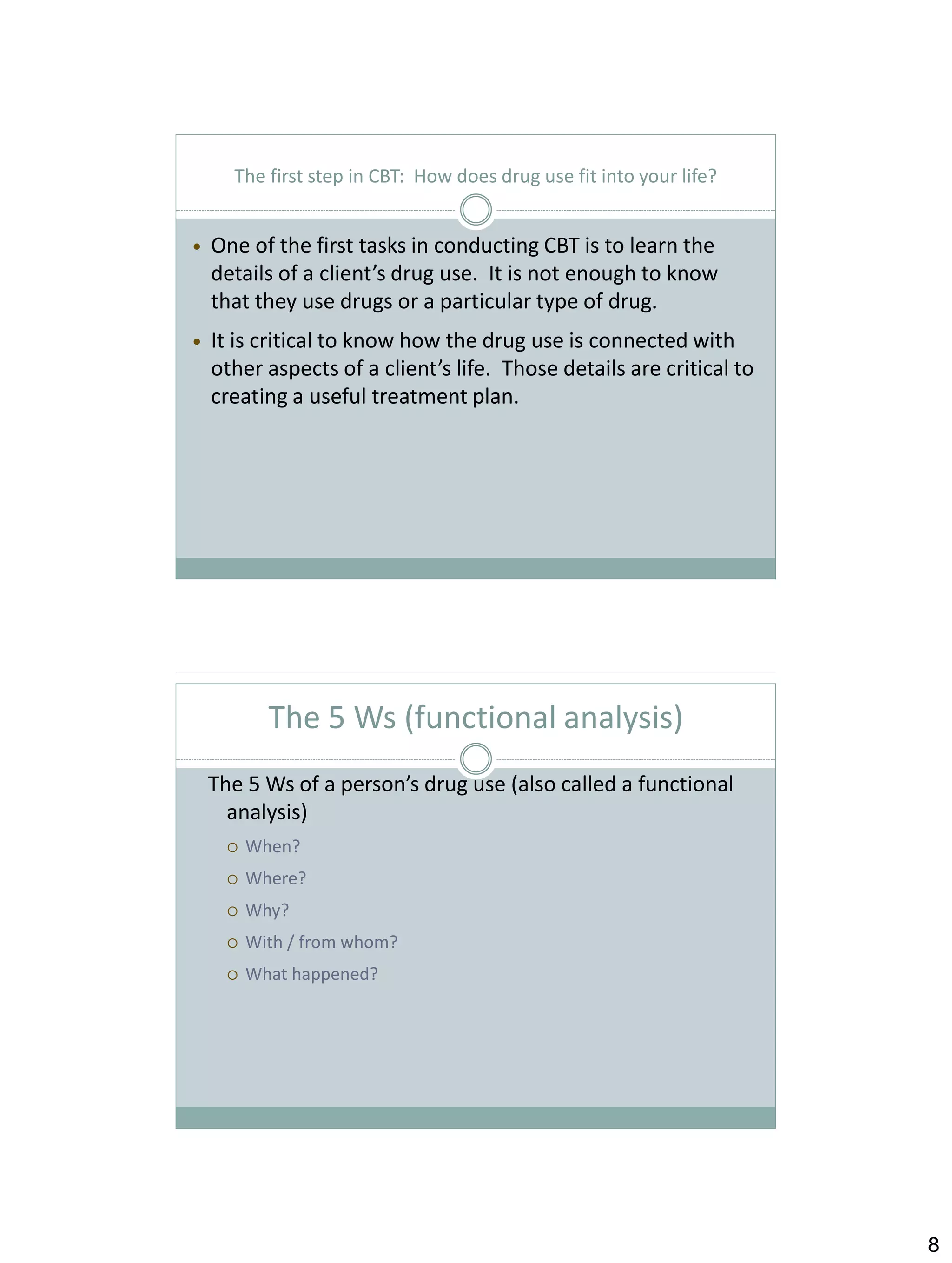The first step in CBT: How does drug use fit into your life?


One of the first tasks in conducting CBT is to learn the
details of a client’s drug use. It is not enough to know
that they use drugs or a particular type of drug.



It is critical to know how the drug use is connected with
other aspects of a client’s life. Those details are critical to
creating a useful treatment plan.

The 5 Ws (functional analysis)
The 5 Ws of a person’s drug use (also called a functional
analysis)


When?



Where?



Why?



With / from whom?



What happened?

8

 