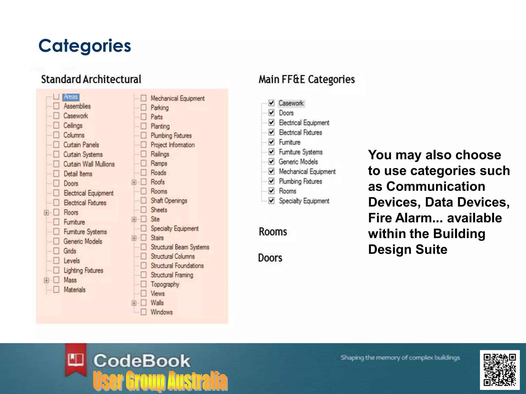 Categories
You may also choose
to use categories such
as Communication
Devices, Data Devices,
Fire Alarm... available
within the Building
Design Suite
 