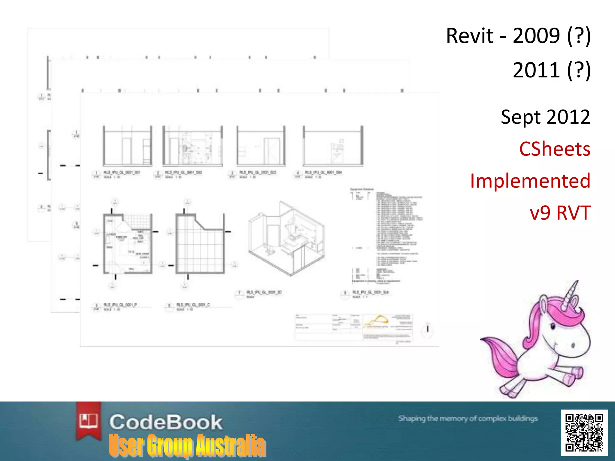 Sept 2012
CSheets
Implemented
v9 RVT
Revit - 2009 (?)
2011 (?)
 