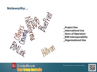 Noteworthy…
_Project Size
_International Use
_Years of Operation
_BIM Interoperability
_Organizational Size
 