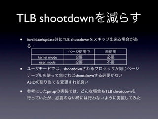 TLB shootdown
•   invalidate/update    TLB shootdown



           kernel mode
            user mode

•                        shootdown
                               shootdown
    ASID

•               pmap                       TLB shootdown
 