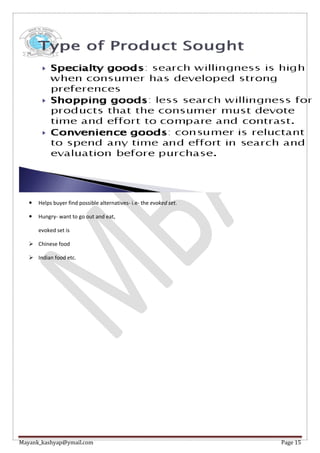 Mayank_kashyap@ymail.com Page 15
 Helps buyer find possible alternatives- i.e- the evoked set.
 Hungry- want to go out and eat,
evoked set is
 Chinese food
 Indian food etc.
 