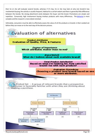 Mayank_kashyap@ymail.com Page 18
then he or she will evaluate several brands, whereas if it's low, he or she may look at only one brand.In low
involvement buying, the activity is usually frequent, habitual to a certain extent and there is generally little difference
between the brands. No strong attachment exists between the buyer and the brand. Promotions are simple and
repetitive. Conversely, high involvement buying involves products with many differences. The behavior is more
complex and the research is more detail oriented.
Ultimately, consumers must be able to effectively assess the value of all the products or brands in their evoked set
before they can move on to the next step of the decision process.
 