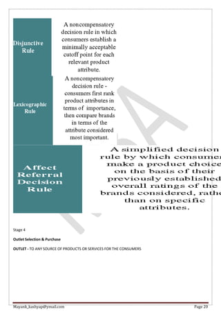 Mayank_kashyap@ymail.com Page 20
Stage 4
Outlet Selection & Purchase
OUTLET - TO ANY SOURCE OF PRODUCTS OR SERVICES FOR THE CONSUMERS
 
