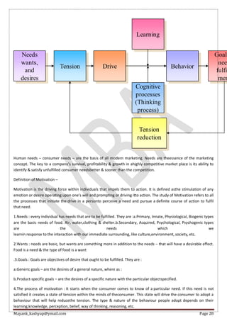 Mayank_kashyap@ymail.com Page 28
Human needs – consumer needs – are the basis of all modern marketing. Needs are theessence of the marketing
concept. The key to a company’s survival, profitability & growth in ahighly competitive market place is its ability to
identify & satisfy unfulfilled consumer needsbetter & sooner than the competition.
Definition of Motivation –
Motivation is the driving force within individuals that impels them to action. It is defined asthe stimulation of any
emotion or desire operating upon one’s will and prompting or driving itto action. The study of Motivation refers to all
the processes that initiate the drive in a personto perceive a need and pursue a definite course of action to fulfil
that need.
1.Needs : every individual has needs that are to be fulfilled. They are :a.Primary, Innate, Physiological, Biogenic types
are the basic needs of food. Air, water,clothing & shelter.b.Secondary, Acquired, Psychological, Psychogenic types
are the needs which we
learnin response to the interaction with our immediate surrounding, like culture,environment, society, etc.
2.Wants : needs are basic, but wants are something more in addition to the needs – that will have a desirable effect.
Food is a need & the type of food is a want
.3.Goals : Goals are objectives of desire that ought to be fulfilled. They are :
a.Generic goals – are the desires of a general nature, where as :
b.Product-specific goals – are the desires of a specific nature with the particular objectspecified.
4.The process of motivation : It starts when the consumer comes to know of a particular need. If this need is not
satisfied it creates a state of tension within the minds of theconsumer. This state will drive the consumer to adopt a
behaviour that will help reducethe tension. The type & nature of the behaviour people adopt depends on their
learning,knowledge, perception, belief, way of thinking, reasoning, etc.
 