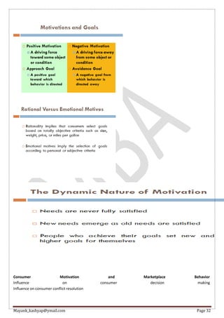 Mayank_kashyap@ymail.com Page 32
Consumer Motivation and Marketplace Behavior
Influence on consumer decision making
Influence on consumer conflict resolution
 