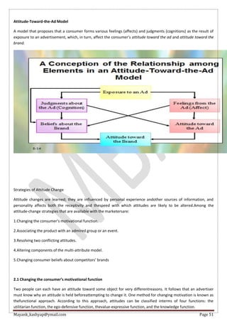 Mayank_kashyap@ymail.com Page 51
Attitude-Toward-the-Ad Model
A model that proposes that a consumer forms various feelings (affects) and judgments (cognitions) as the result of
exposure to an advertisement, which, in turn, affect the consumer’s attitude toward the ad and attitude toward the
brand.
Strategies of Attitude Change
Attitude changes are learned; they are influenced by personal experience andother sources of information, and
personality affects both the receptivity and thespeed with which attitudes are likely to be altered.Among the
attitude-change strategies that are available with the marketersare:
1.Changing the consumer’s motivational function.
2.Associating the product with an admired group or an event.
3.Resolving two conflicting attitudes.
4.Altering components of the multi-attribute model.
5.Changing consumer beliefs about competitors’ brands
2.1 Changing the consumer’s motivational function
Two people can each have an attitude toward some object for very differentreasons. It follows that an advertiser
must know why an attitude is held beforeattempting to change it. One method for changing motivation is known as
thefunctional approach. According to this approach, attitudes can be classified interms of four functions: the
utilitarian function, the ego-defensive function, thevalue-expressive function, and the knowledge function.
 