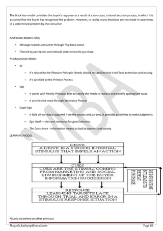 Mayank_kashyap@ymail.com Page 88
The black box model considers the buyer's response as a result of a conscious, rational decision process, in which it is
assumed that the buyer has recognized the problem. However, in reality many decisions are not made in awareness
of a determined problem by the consumer.
Andreason Model (1965)
• Message reaches consumer through Five basic sense.
• Filtered by perception and attitude determines the purchase.
Psychoanalytic Model
• ID
– It’s related to the Pleasure Principle. Needs should be satisfied else it will lead to tension and anxiety.
– It’s satisfied by the Primary Process.
• Ego
– It works with Reality Principle, tries to satisfy the needs in realistic and socially appropriate ways.
– It satisfies the need through Secondary Process
• Super Ego
– It hold all our moral acquired from the society and parents. It provides guidelines to make judgments.
– Ego Ideal – rules and standards for good behavior.
– The Conscience - information viewed as bad by parents and society.
LEARNING MODEL
Nicosia nd others on other print out
 