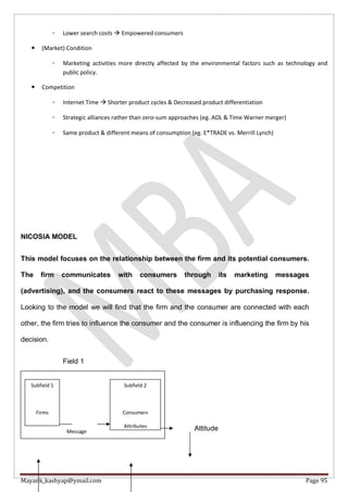 Mayank_kashyap@ymail.com Page 95
◦ Lower search costs  Empowered consumers
 (Market) Condition
◦ Marketing activities more directly affected by the environmental factors such as technology and
public policy.
 Competition
◦ Internet Time  Shorter product cycles & Decreased product differentiation
◦ Strategic alliances rather than zero-sum approaches (eg. AOL & Time Warner merger)
◦ Same product & different means of consumption (eg. E*TRADE vs. Merrill Lynch)
NICOSIA MODEL
This model focuses on the relationship between the firm and its potential consumers.
The firm communicates with consumers through its marketing messages
(advertising), and the consumers react to these messages by purchasing response.
Looking to the model we will find that the firm and the consumer are connected with each
other, the firm tries to influence the consumer and the consumer is influencing the firm by his
decision.
Field 1
AttitudeMessage
Exposure
Subfield 1
Firms
Attribute
Subfield 2
Consumers
Attributes
(Especially
Predisposition
 