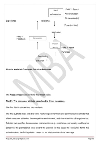 Mayank_kashyap@ymail.com Page 96
Field 2: Search
And evaluation
Of mean/end(s)
Experience relation(s)
(Preaction field)
Motivation
Field 4:
Feedback
Field 3: Act of
Purchase
Purchasing
Behavior
Nicosia Model of Consumer Decision Processe
The Nicosia model is divided into four major fields:
Field 1: The consumer attitude based on the firms’ messages.
The first field is divided into two subfields.
The first subfield deals with the firm’s marketing environment and communication efforts that
affect consumer attitudes, the competitive environment, and characteristics of target market.
Subfield two specifies the consumer characteristics e.g., experience, personality, and how he
perceives the promotional idea toward the product in this stage the consumer forms his
attitude toward the firm’s product based on his interpretation of the message.
Search
and evaluation
Decision
(Action)
Consumption
 