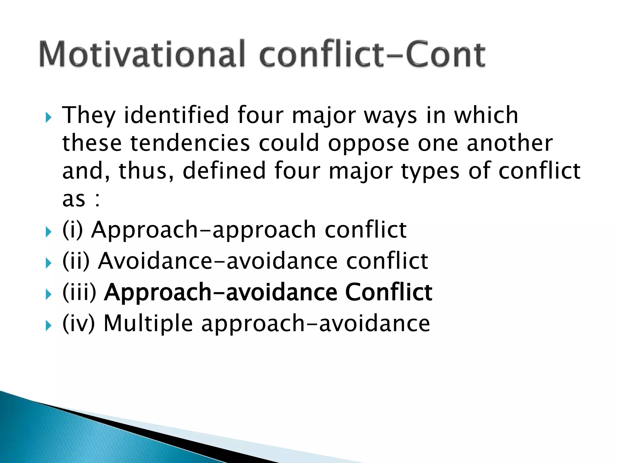  They identified four major ways in which
these tendencies could oppose one another
and, thus, defined four major types of conflict
as :
 (i) Approach-approach conflict
 (ii) Avoidance-avoidance conflict
 (iii) Approach-avoidance Conflict
 (iv) Multiple approach-avoidance
 