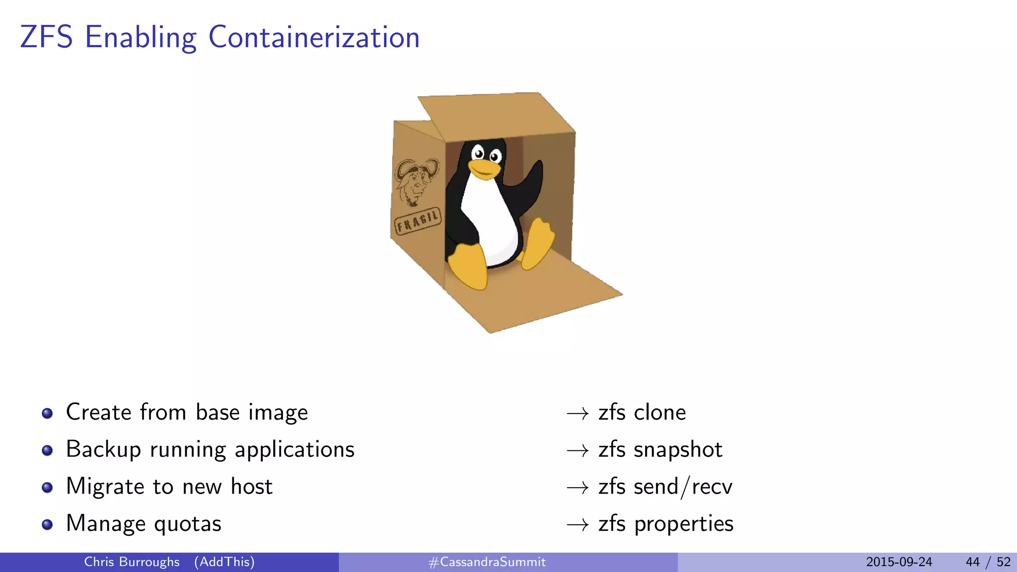 ZFS Enabling Containerization
Create from base image
Backup running applications
Migrate to new host
Manage quotas
→ zfs clone
→ zfs snapshot
→ zfs send/recv
→ zfs properties
Chris Burroughs (AddThis) #CassandraSummit 2015-09-24 44 / 52
 