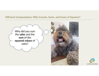 Why did you sum
the sales and the
sum of the
squared values of
sales?
Efficient Computations: Why Counts, Sums, and Sums of Squares?
 