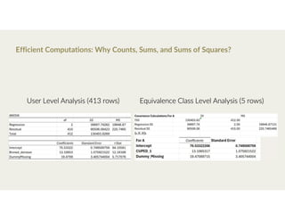 Efficient Computations: Why Counts, Sums, and Sums of Squares?
Equivalence Class Level Analysis (5 rows)
User Level Analysis (413 rows)
 