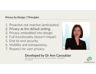 Privacy by Design: 7 Principles
Developed by Dr Ann Cavoukian
https://privacy.ucsc.edu/resources/privacy-by-design---foundational-
principles.pdf
1. Proactive not reactive (anticipates)
2. Privacy as the default setting.
3. Privacy embedded into design.
4. Full functionality (doesn’t impair)
5. End-to-end security.
6. Visibility and transparency.
7. Respect for user privacy.
 