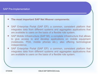SAP Pre-Implementation The most important SAP Net Weaver components:  SAP Enterprise Portal (SAP EP): a common, consistent platform that integrates data from different systems and aggregates applications that are available to users on the basis of a flexible role system.  SAP Mobile Infrastructure (SAP MI): a complete infrastructure that allows to give access to and develop applications on mobile equipment (notebooks, PDA, mobile phones etc.), also offering technological independence.  SAP Enterprise Portal (SAP EP): a common, consistent platform that integrates data from different systems and aggregates applications that are available to users on the basis of a flexible role system.  