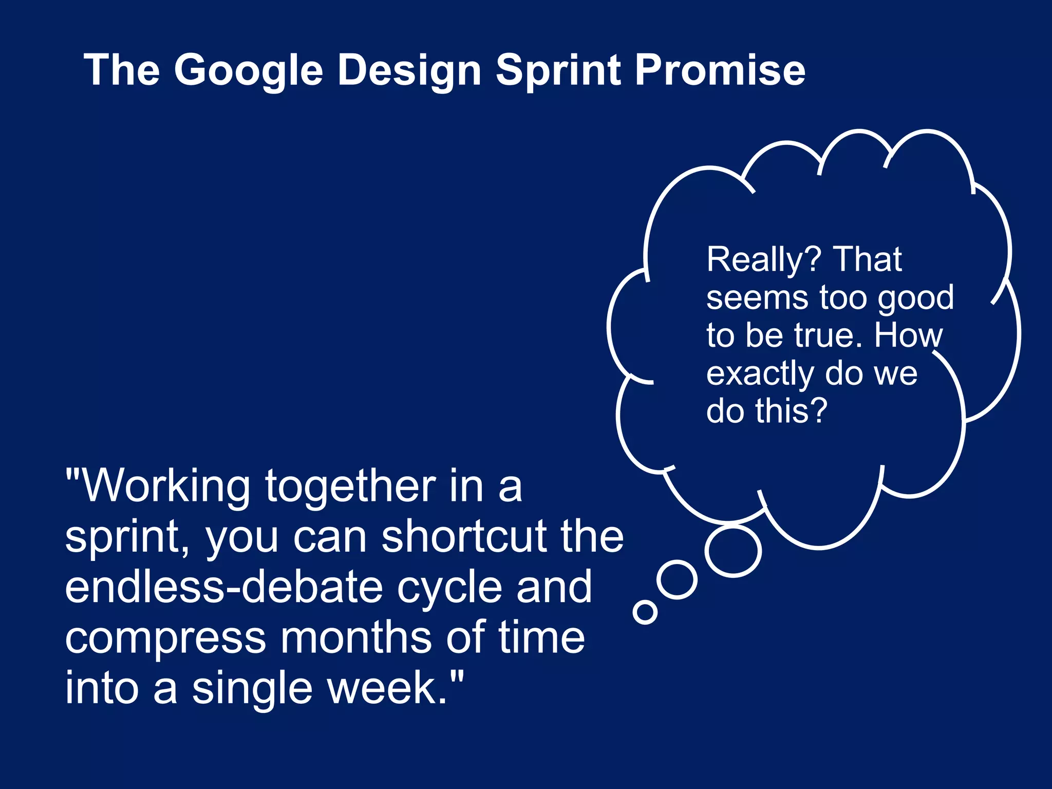 The Google Design Sprint Promise
"Working together in a
sprint, you can shortcut the
endless-debate cycle and
compress months of time
into a single week."
Really? That
seems too good
to be true. How
exactly do we
do this?
 