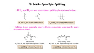 1H NMR—Spin-Spin Splitting
• Splitting is not generally observed between protons separated by more
than three  bonds.
• If Ha and Hb are not equivalent, splitting is observed when:
 
