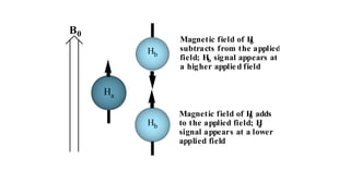 Magnetic field of Hb adds
to the applied field; Ha
signal appears at a lower
applied field
Magnetic field of Hb
subtracts from the applied
field; Hb signal appears at
a higher applied field
Hb
Hb
Ha
B0
 